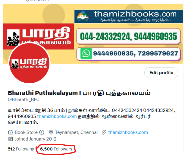 கொஞ்சம் கொஞ்சமா 6500 தோழமைகளின் அன்பை பெற்று இருக்கிறோம். 

ஏதோ உருப்படியாகத்தான் செய்கிறோம் போல.. 

நன்றி மக்களே!
அப்படியே புத்தகங்கள் குறித்த டிவீட்களை ரிடிவீட் செய்தும் உதவலாமே!

#பாரதிபுத்தகாலயம்