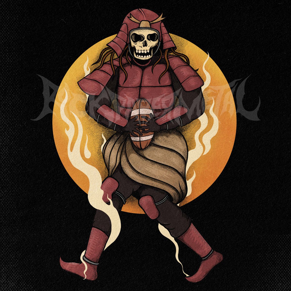 rockpapermetal_'s tweet photo. "Unleashing the fiery spirit of a Japanese skeleton on the American football field! Game on 🔥⚽
If you need dark art illustration or other style just terror me🤘
https://t.co/BfXel5vcEs
#darkart #skeletonfootbal #skull #tshirtdesign #merchandise #opencommission #DMTwitter https://t.co/miBp7PgACC