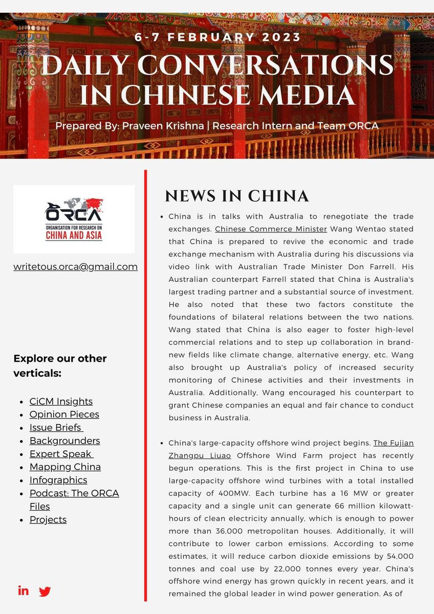 ORCA_India's tweet image. Our daily newsletter, Conversations in Chinese Media, for 6.2.23- 7.2.23

🔗: orcasia.org/wp-content/upl… 

On #NewsInChina, we cover: #China in talks with Australia to renegotiate trade exchanges, 🇨🇳 large-capacity offshore #windproject begins 1/