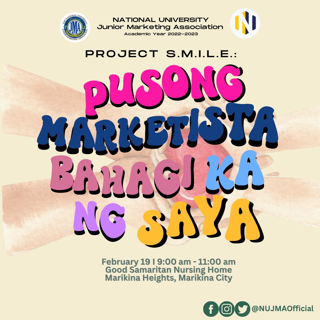 NUJMAOFFICIAL's tweet photo. The "Good Samaritan Nursing Home" in Markina Heights, Marikina City, will be the beneficiary of this year's Project S.M.I.L.E. This will occur on February 19, 2023, from 9:00 a.m. to 11:00 a.m.

#ProjectSMILE2023
#NUJMANovus
#IntensifyingExcellence https://t.co/TUYZDCTSO6