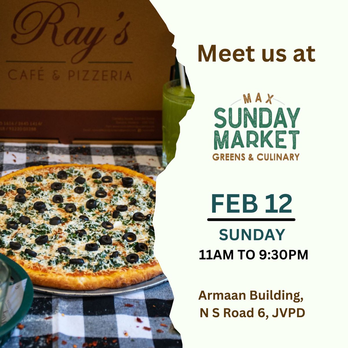 Juhu! It’s time to indulge in your Slice Of Heaven 🍕😋

Come meet us at Max Sunday Market in Juhu on Sunday 12th of February!

#RaysPizzeria #RaysPizza #sundaymarket #maxsundaymarket #Pizzaplace #Mumbai #juhu #mumbaifoodie #pizzalicious #thingstodoinmumbai #weekendbrunch
