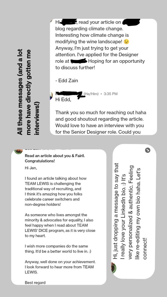eddthinksdesign's tweet image. Ok this is how I tried to be different among sea of applicants:

1. Apply on LinkedIn

2. Send a UNIQUE message to the hiring manager. Let them remember you. (see pics below)

3. Land an interview. Couple of stages.

4. Present your ONE MONTH GOALS for the role

5. Get hired!