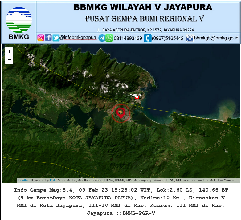 InfoBMKGPapua's tweet photo. Info Gempa Mag:5.4, 09-Feb-23 15:28:02 WIT, Lok:2.60 LS, 140.66 BT (9 km BaratDaya KOTA-JAYAPURA-PAPUA), Kedlmn:10 Km , Dirasakan V MMI di Kota Jayapura, III-IV MMI di Kab. Keerom, III MMI di Kab. Jayapura ::BMKG-PGR-V https://t.co/vD3LUdKmbh