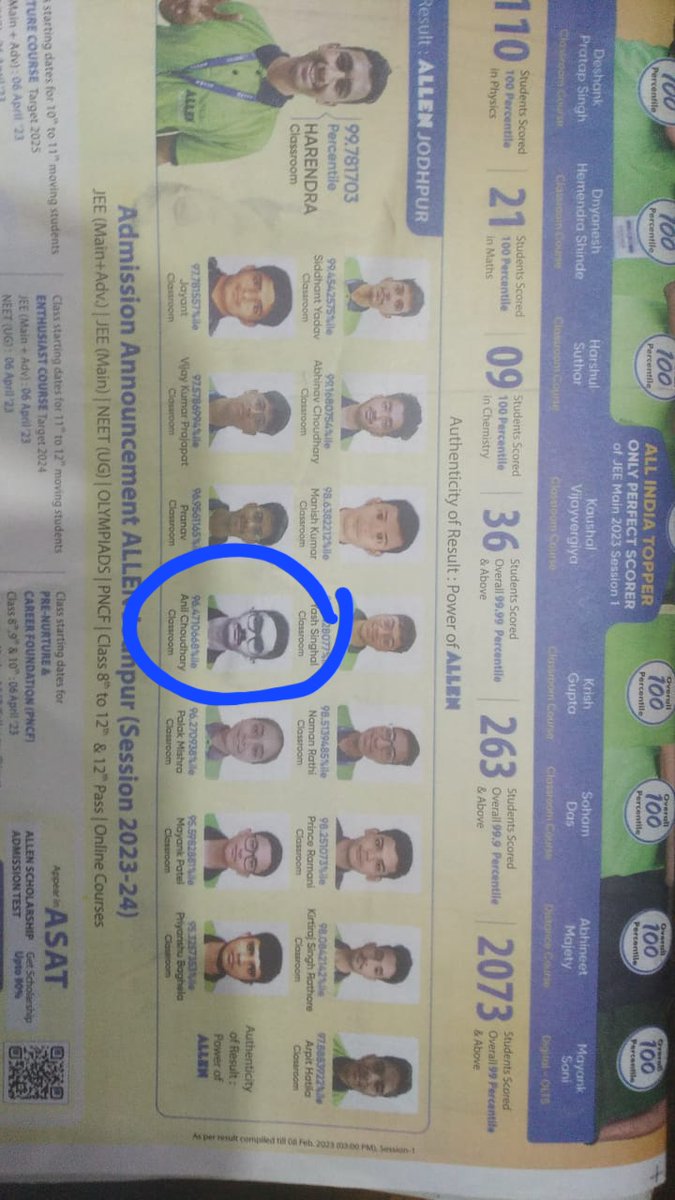 Hc49454281's tweet photo. It's concerning to see institutions advertise unrealistic marks of candidates, only one was spotted just imagine how many are there, shame on you @ALLENkota @AllenRohtak @AllenRohityogi #coachingscam #ALLEN #dharmendrapradhan #JEEMains https://t.co/kC7abDwcvb