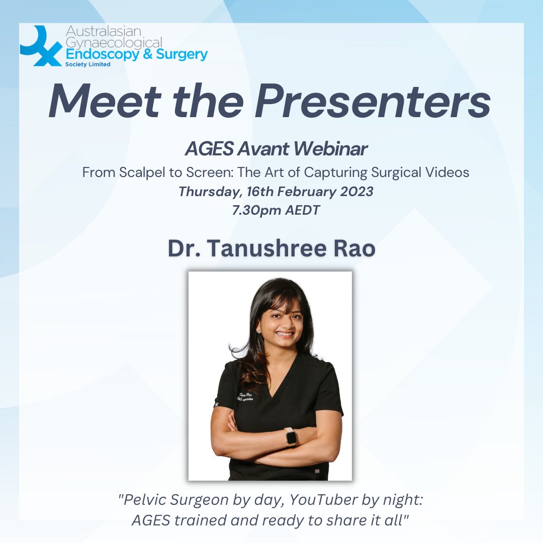 AGES_Society's tweet photo. Join us for the AGES webinar as Dr Tanushree Rao unpacks the creation of a surgical video for the gynaecological surgeon. 

Dr Rao is a pelvic surgeon by day, YouTuber by night:  AGES-trained and ready to share it all.  You can watch her videos on https://t.co/J1xzMuwxOJ. https://t.co/EXcXkdUyUp