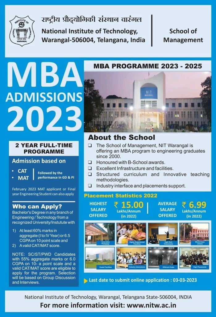 NIT Warangal releases notification for MBA Programme 2023-25. Please visit the institute website for details. #mba #catexam #nitw #MatExam #MBA