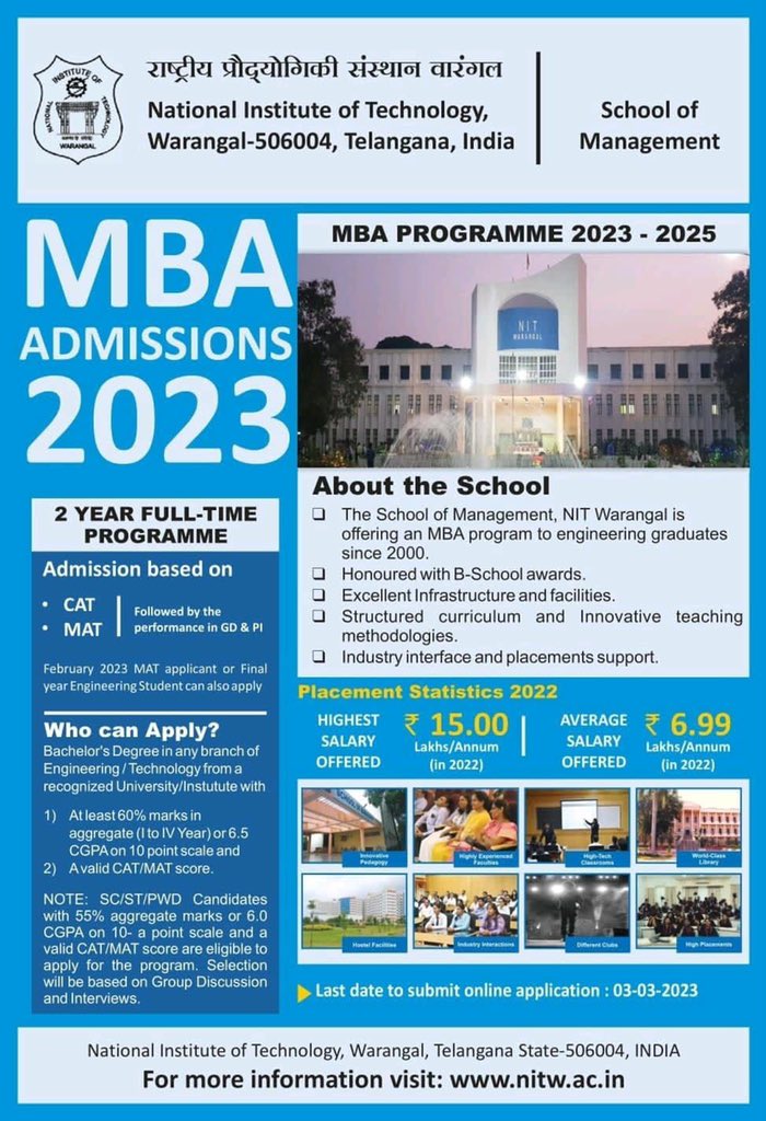 warangal_nit's tweet image. NIT Warangal releases notification for MBA Programme 2023-25. Please visit the institute website for details. #mba #catexam #nitw #MatExam #MBA