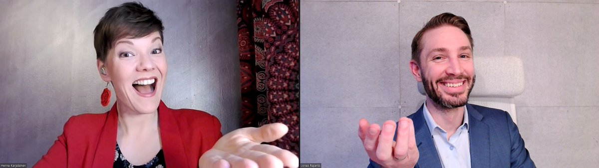 Valmentajat Henna Karjalainen ja Jonas Rajanto ovat valmiina aloittamaan webinaarin. - Ja hyvältähän tuo näyttää vai mitäs sanotte? #fasilitointi grapepeople.fi/webinaari/mite…