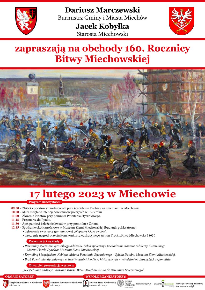 Uroczyste obchody 160. rocznicy #BitwyMiechowskiej odbędą się w piątek 17 lutego 
w centrum #Miechowa. 

Więcej informacji 👉👉tiny.pl/w4l78

Serdecznie zapraszamy 🙂🇵🇱