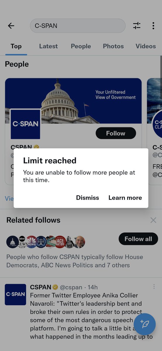 mbah360's tweet image. Twitter limits now on following Twitter accounts? Found this out just by trying to follow @cspan #Twitter #twitterlimit