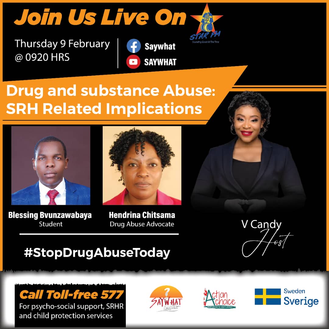 What are some of the SRH-related consequences that someone abusing drugs and substances excessively is likely to experience? Join us today at 09:20 AM as we explore drug and substance misuse on <a href="/StarfmZimbabwe/">Star FM</a>.
#StopDrugAbuseToday 
<a href="/SwedeninZW/">Sweden in Zimbabwe 🇸🇪</a>