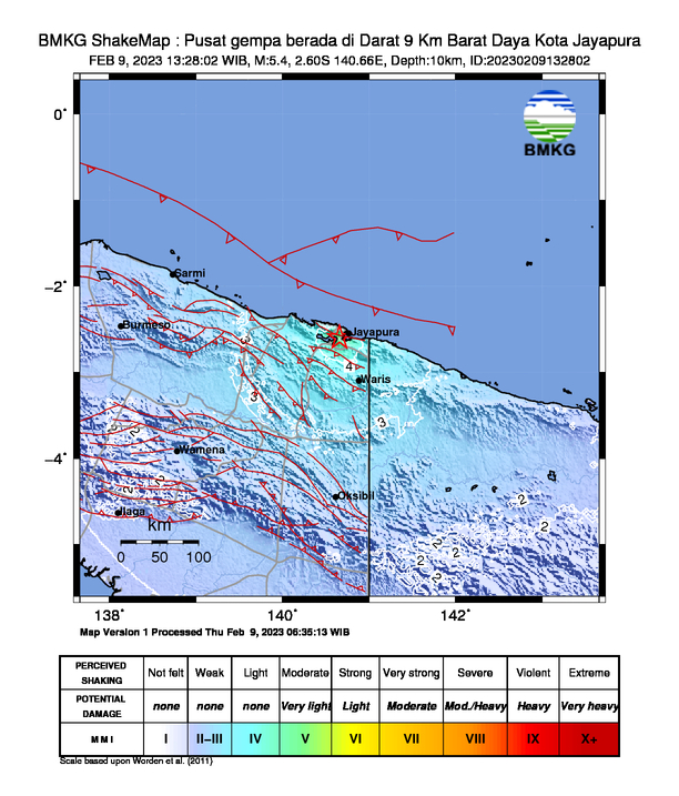 #Gempa (UPDATE) Mag:5.4, 09-Feb-23 13:28:02 WIB, Lok:2.60 LS, 140.66 BT (Pusat gempa berada di Darat 9 Km Barat Daya Kota Jayapura), Kedlmn:10 Km Dirasakan (MMI) V Kota Jayapura, III - IV Kab. Keerom, III Kab. Jayapura #BMKG
