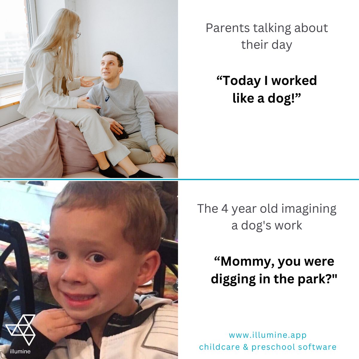 MyIllumine's tweet photo. Creativity is at its best in kids.
Kids associate two wildly unlinked things. Outrageous at times, funny other times. But always creative!
Next time someone uses a ‘simile’, get creative!
Be (like) a happy happy dog 😛
#learnfromkids #justkids #childcare #parenting https://t.co/5NtaQzrVSG