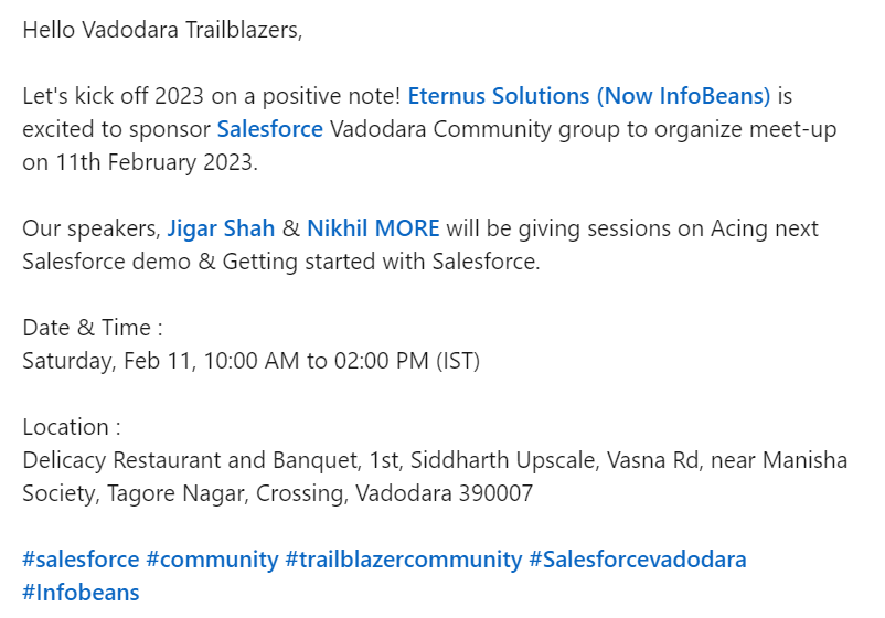morenikhil's tweet photo. I'm attending the Salesforce Admin and Developer Group, Vadodara, India meeting on Feb 11, 2023!  Join me at  https://t.co/5wnFp3C8QP

#TrailblazerCommunity #Salesforce #SalesforceOhana #salesforceadmin #salesforcedeveloper #success #meetup #funwithlearn #vadodara https://t.co/9OT49ExamT
