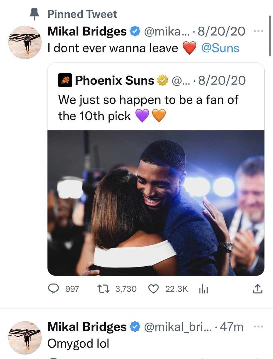 Pretty amazing on <a href="/mikal_bridges/">Mikal Bridges</a>’ Twitter feed right now - look at the pinned tweet, with his reaction to the trade right under it: