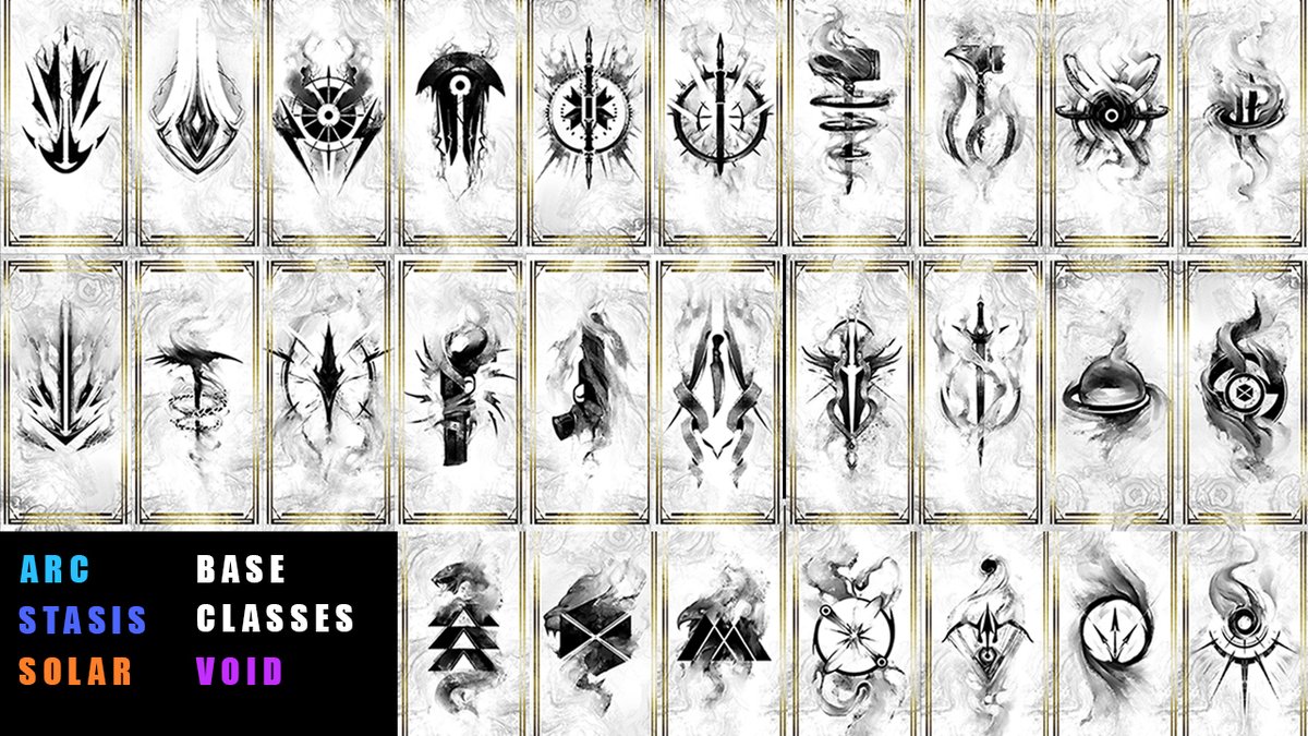 BrandonMcCamey's tweet photo. ALL DESTINY CLASS / SUBCLASS DESIGNS! 
I finished all the class and subclass phone background / tattoo designs before Lightfall!
All this to fund my vacation 🥲
27 designs, 60 files
Download them all here 👇 https://t.co/kwBgnN4XSd https://t.co/4fBV72CkOv
