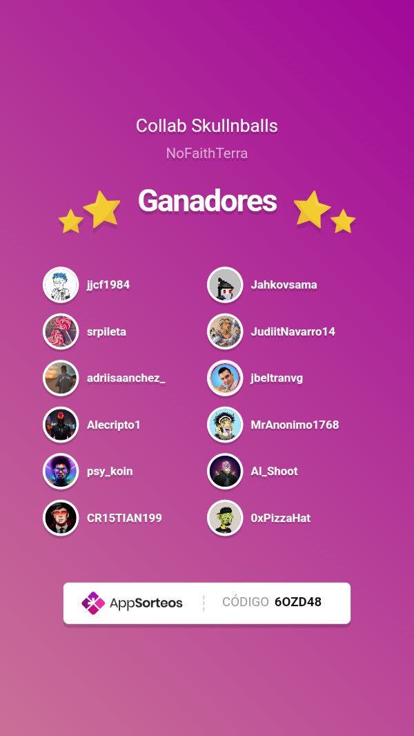 NoFaithTerra's tweet photo. Tenemos a los ganadores de la #collab con @SkullnBalls !
10 OG: @jjcf1984 @srpileta @adriisaanchez_ @Alecripto1 @psy_koin @CR15TIAN199 @Jahkovsama @JudiitNavarro14 @jbeltranvg @MrAnonimo1768 
2 #NFTs #NOFT: @Al_Shoot @0xPizzaHat 
#NFTGiveaways #NFTProject https://t.co/uw9oEjk0bh