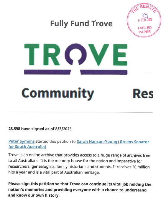 Shout out to our #PHAVicTas colleague Peter Symons, his petition to #savetrove was tabled in the Senate yesterday <a href="/PHAVicTas/">Professional Historians Association (Vic & Tas)</a> aph.gov.au/Parliamentary_…