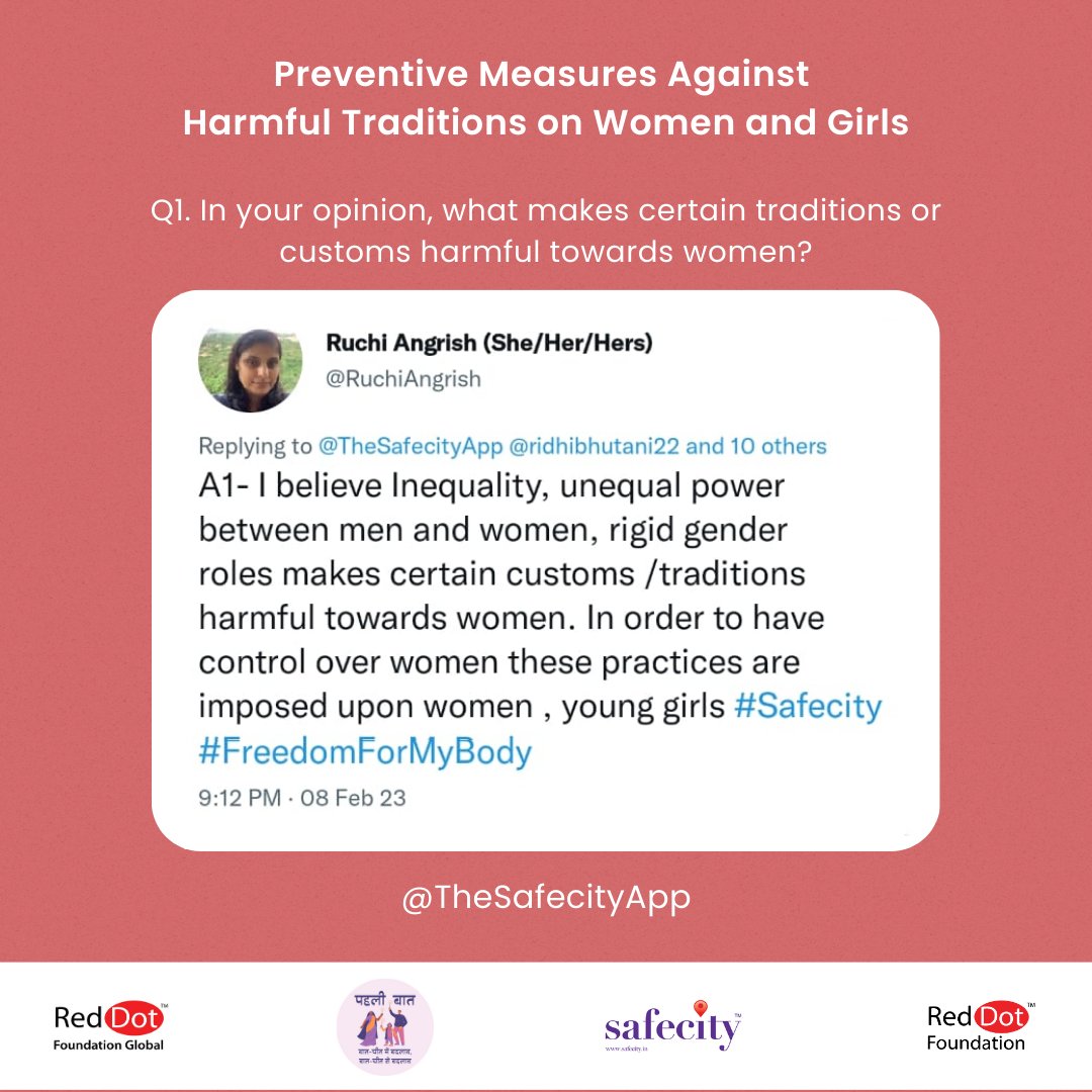 TheSafecityApp's tweet photo. Here’s a recap of our #tweetchat with Ridhi Bhutani (@ridhibhutani22) & Prerana Keshav (@prerticular) on “Preventive Measures Against Harmful Traditions on Women and Girls”.
Check out the full recap here: https://t.co/ctrtI9AqqK
#FREEDOMFORMYBODY
#Safecity #RedDotFoundation https://t.co/meg2vE6AvD