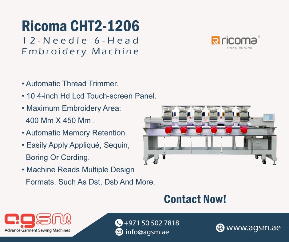 #ricoma CHT2-1206 12-Needle 6-Head Computerized Embroidery Machine.
➡agsm.ae/.../ricoma-cht…
☎ +971 4 332 7754 | 📧 info@agsm.ae | 🌐 agsm.ae
#AGSM #RicomaEmbroideryMachine #embroiderymachine #sewingmachinesale #dubaisewing #dxbfashion #uaemachines