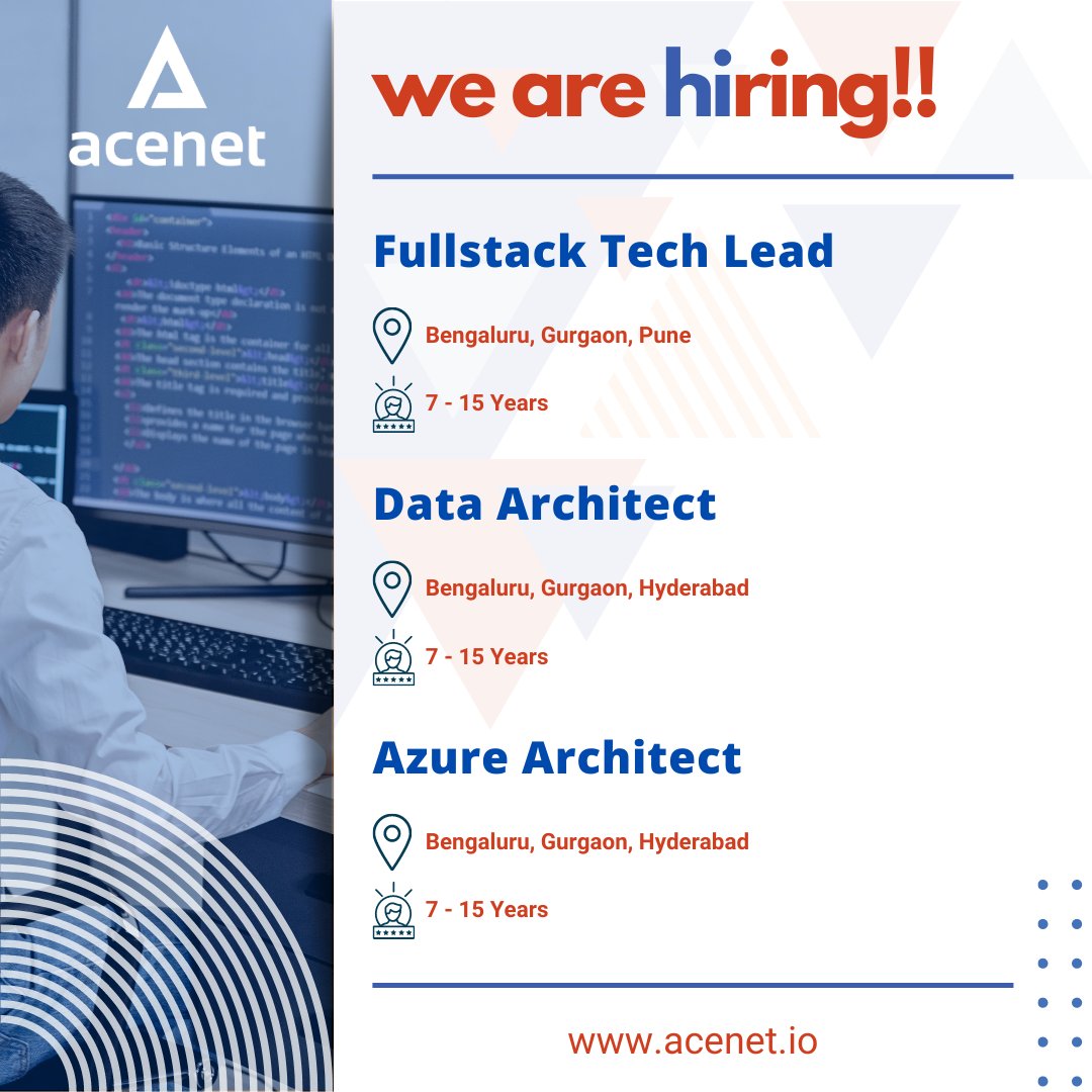Apply now:
acenet.io/network/open_p…
acenet.io/network/open_p…
acenet.io/network/open_p…

#hiring #jobs #jobopenings #fullstack #techlead #data #dataarchitect #azure #azurearchitect  #bengaluru #gurgaon #hyderabad #pune #AceNet