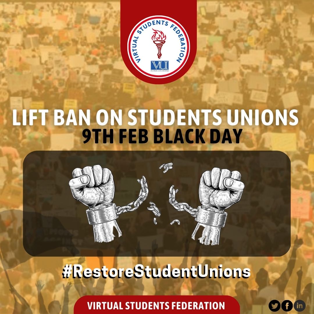 virtualstdntfed's tweet photo. 9th February 1984 to 9th Feb 2023
40 Back Years
#9FebBlackDay
We are not asking for your permission, we are asking for our Rights. It's not for you to give, it's for us to take.
#RestoreStudentUnion
#VirtualStudentsFederation
#StudentsRights https://t.co/wVGqstMHGZ