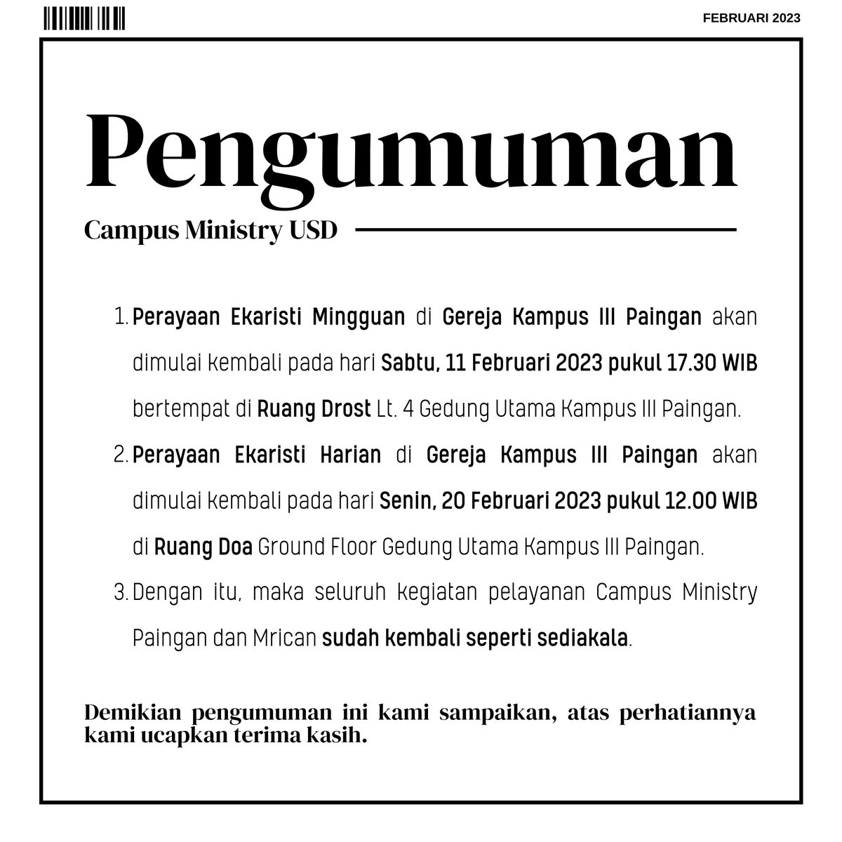 𝐏𝐄𝐍𝐆𝐔𝐌𝐔𝐌𝐀𝐍 𝐌𝐄𝐍𝐆𝐄𝐍𝐀𝐈 𝐏𝐄𝐑𝐀𝐘𝐀𝐀𝐍 𝐄𝐊𝐀𝐑𝐈𝐒𝐓𝐈 𝐌𝐈𝐍𝐆𝐆𝐔𝐀𝐍 𝐃𝐀𝐍 𝐇𝐀𝐑𝐈𝐀𝐍

<a href="/usd_official/">Upside Down</a> #campusministry #cmusd #universitassanatadharma #usd #perayaanekaristi #ekaristimingguan #ekaristiharian #paingan #agendacmusd #cmusdfebruari2023