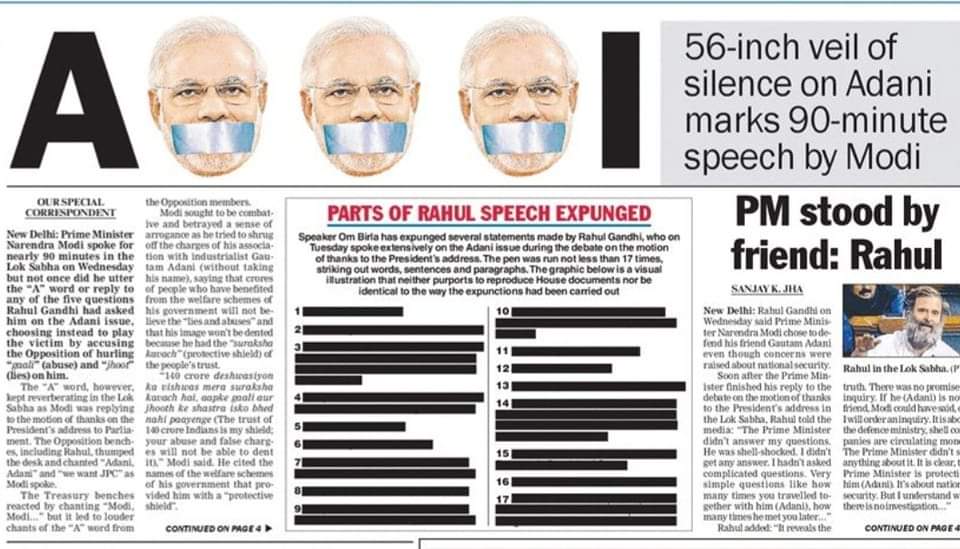 The silver-tape on PMs mouth on the questions of <a href="/RahulGandhi/">Rahul Gandhi</a> is obvious.

The black-tape on RG's speech by Om Birla is utterly biased. 

If one cannot openly discuss &amp; dissent on Govts policy what else is parliament for? 

#ModiJPCseDaroMat #AdaniScam2023