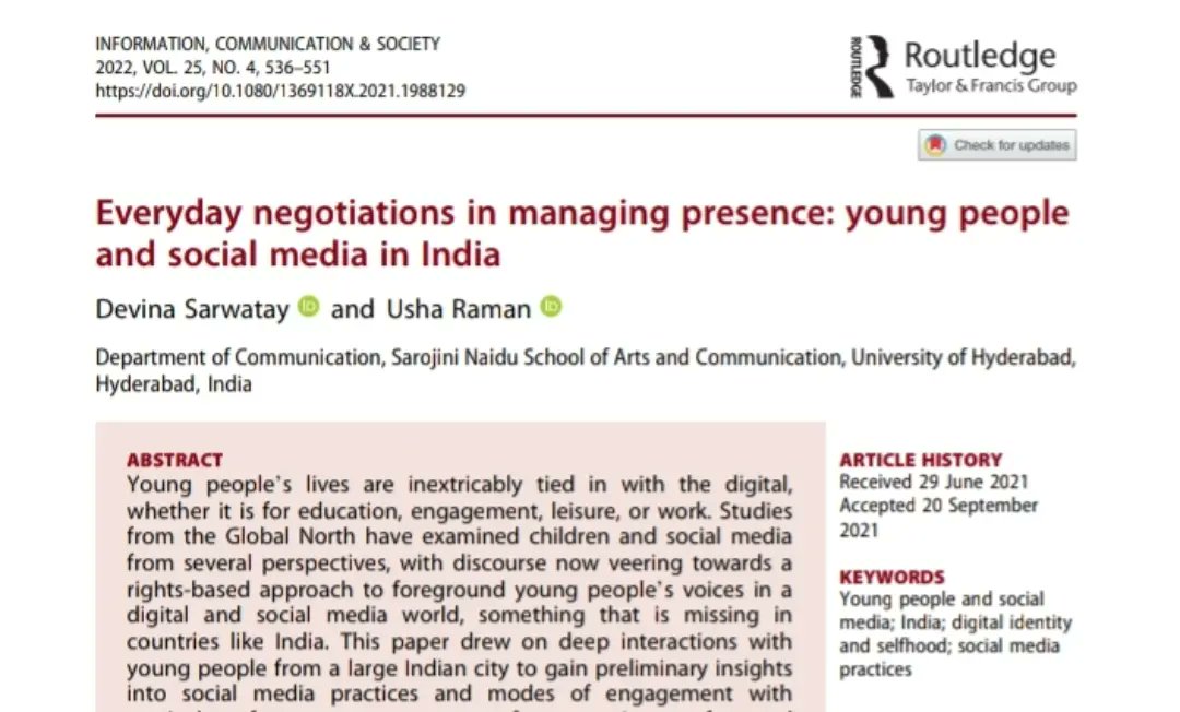 DevinaSarwatay's tweet photo. Chuffed our @icsjournal article is selected for the 2023 @icahdq @icacamdivision Best Published Article #Award!
Tysm reviewers
Drs Nicole Martins Drew Cingel @AdityaDeshbandu
Profs. @etsaliki @usharaman
& all:
https://t.co/qecYrXdRyp
#ICA23 #YoungPeople #SocialMedia #BestArticle https://t.co/R3UZv4VCej