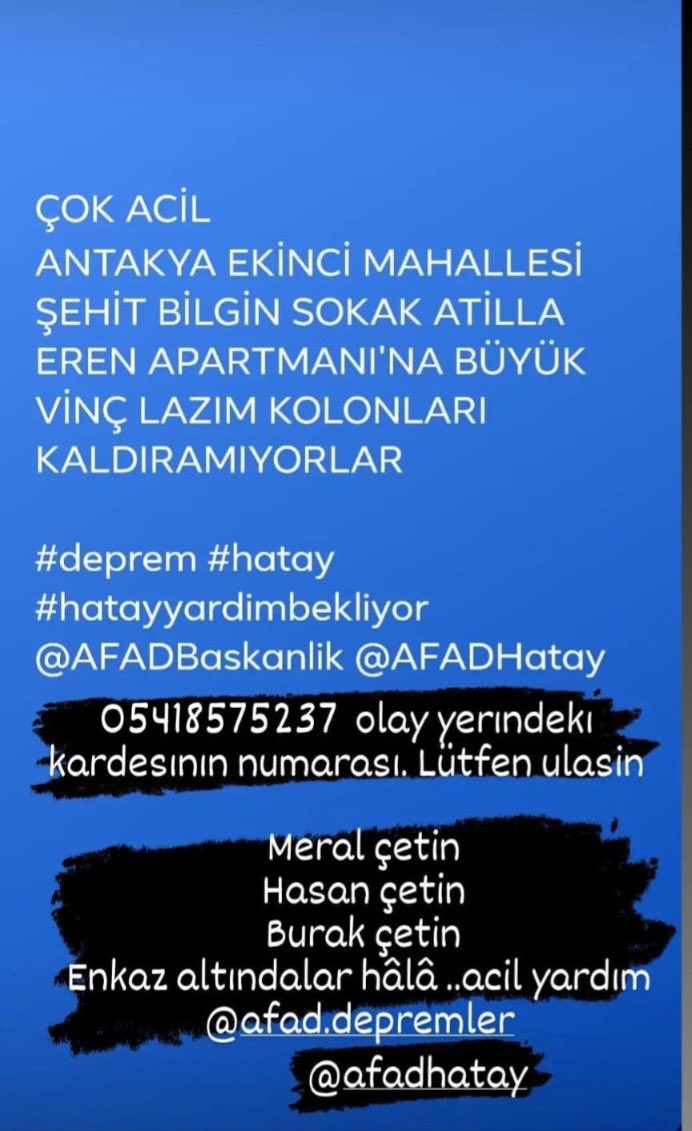 Esrasertt8's tweet photo. Hatay Antakya hala ses var yardım yok 3 gündür çıkamıyorlar çok acil ekip gönderir misiniz @PincTivi @haluklevent @OguzhanUgur @serenserengil14 @SerenSrnglFan https://t.co/HFlG774jpS