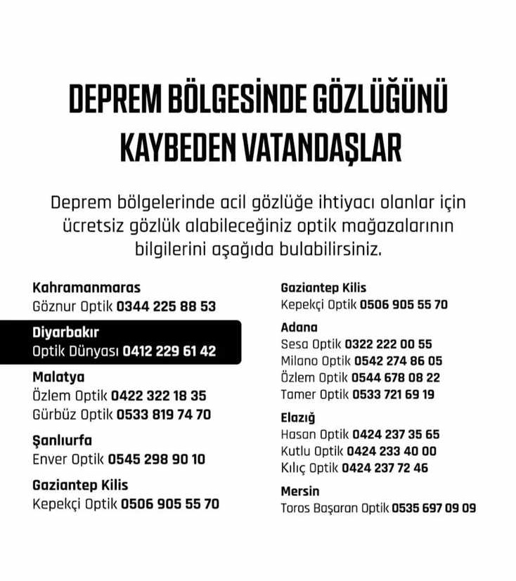 Deprem bölgesinde gözlüğünü kaybedenlere ücretsiz gözlük

#Gaziantep #Kahramanmaras #nurdagi #Turkey #iskenderun #iskenderun #sanliurfa #Enkaz #mersindeprem #kayseri #adanadeprem #depremdiyarbakır #depremadana #depremkahramanmaras