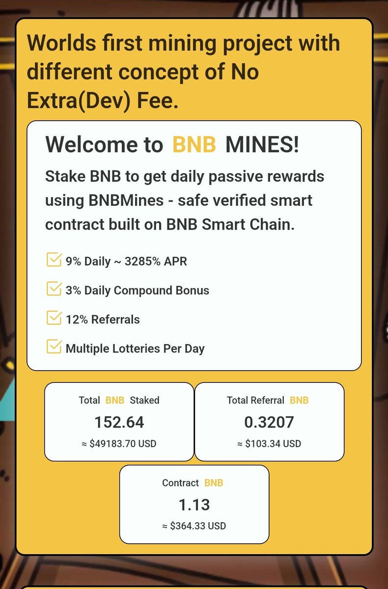 Earn $4,000 BUSD Every DAYS  on Trust wallet

🔥 BNB Mining is on fire now.
ℹ️ Earn  9% Daily ~ 3285% APR
👉🏽 12.5% from Referrals.

➡️ Mine $BNB : bnbmines.org/?ref=0x1Ff0071…

✅ Withdrawal is Instant.
✅ Verified Contract: 0xaA50FC90C637B6b9A144537e864055d0Dd48449c