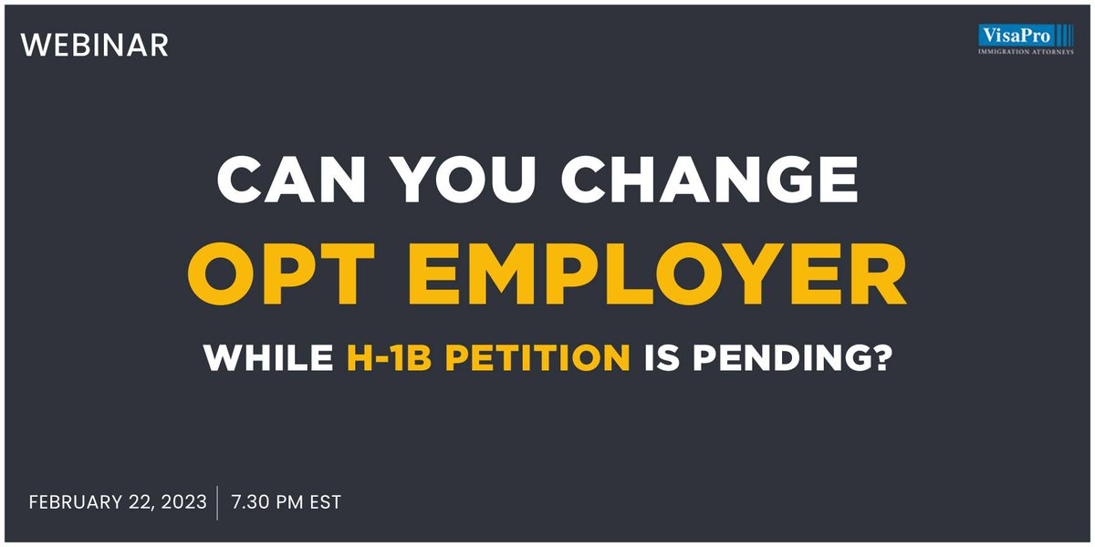VisaProLaw's tweet photo. Get the information you need to successfully convert #F1Visa to H1B Visa. Topics include:
- How to maintain status when #F1OPT to #H1BPetition is pending?
- Can I travel when F1 to H1B petition is pending?
Sign up for a free webinar at https://t.co/eyTu1oxEmc
#stem #capgap https://t.co/VWHwhncsYX