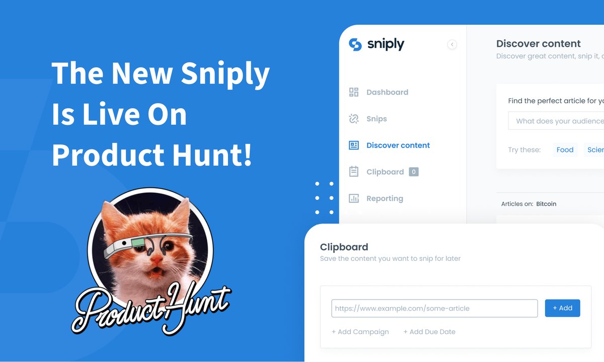 Sniply by UpContent (@sniply) on Twitter photo Launch alert! 🚨
We're launching The New Sniply on <a href="/ProductHunt/">Product Hunt 😸</a> today!
Fresh design, identity, and new mobile CTA designs. Also, Sniply now works on all websites.
Let us know what you think! 😺👉 snip.ly/producthunt Launch alert! 🚨
We're launching The New Sniply on <a href="/ProductHunt/">Product Hunt 😸</a> today!
Fresh design, identity, and new mobile CTA designs. Also, Sniply now works on all websites.
Let us know what you think! 😺👉 snip.ly/producthunt
