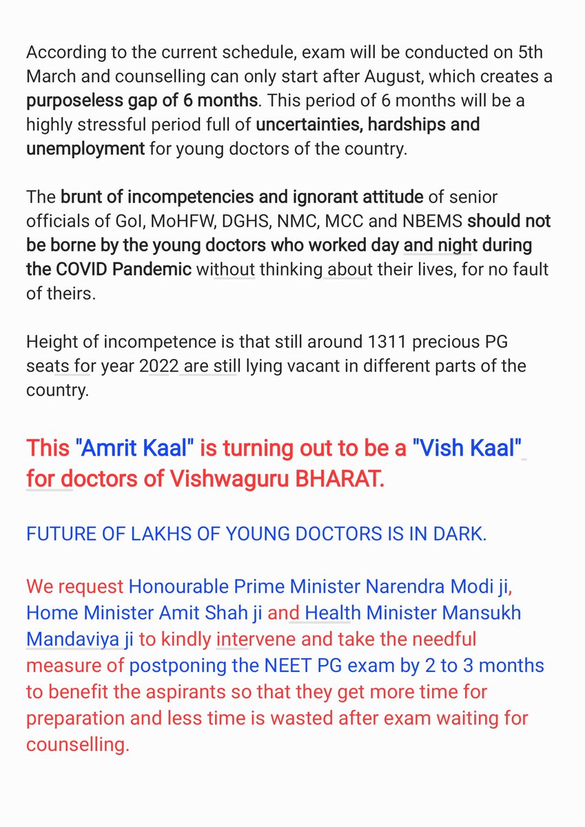 OrthopodD's tweet photo. @narendramodi ji #AmritKaal is turning into VishKaal for #Doctors of #vishwagurubharat 
@PMOIndia @HMOIndia @mansukhmandviya @OfficeOf_MM @MoHFW_INDIA @DghsIndia @NMC_IND
Kindly #PostponeNEETPG2023
#NEETPG2023 #MedTwitter
@drasmalhi @DrRohanKrishna3 @Architguptajii @NidhiTanejaa https://t.co/qnbBIcYk5a