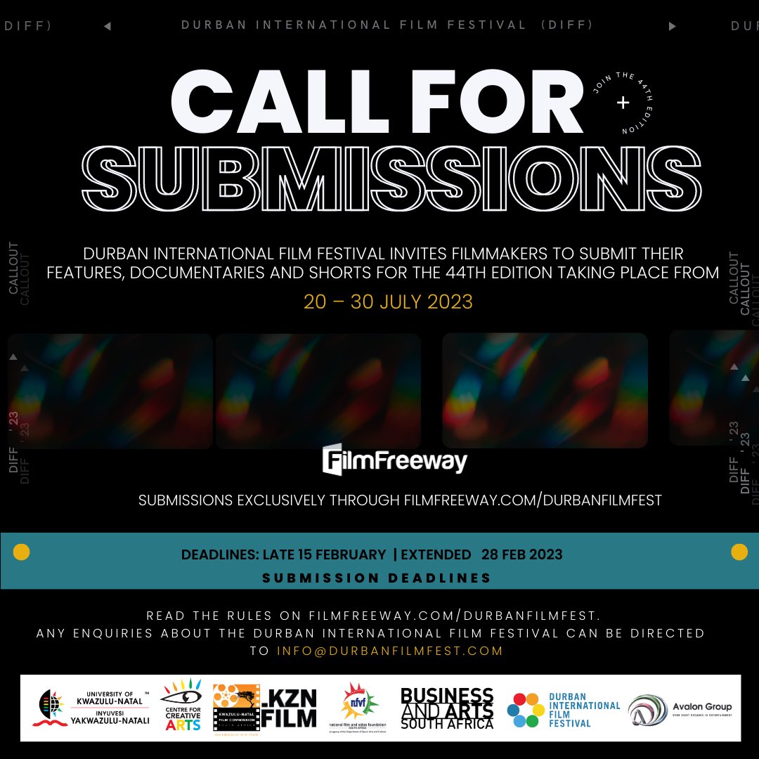 isupportdoyou's tweet photo. The @ukzncca at the University of Kwazulu-Natal invites filmmakers to submit their feature films, documentaries, and shorts for the 44th edition of @DIFFest. #DIFF23 is taking place from 20 to 30 July 2023. The deadline for submissions is February 28th 2023. https://t.co/vdLNDHFR55