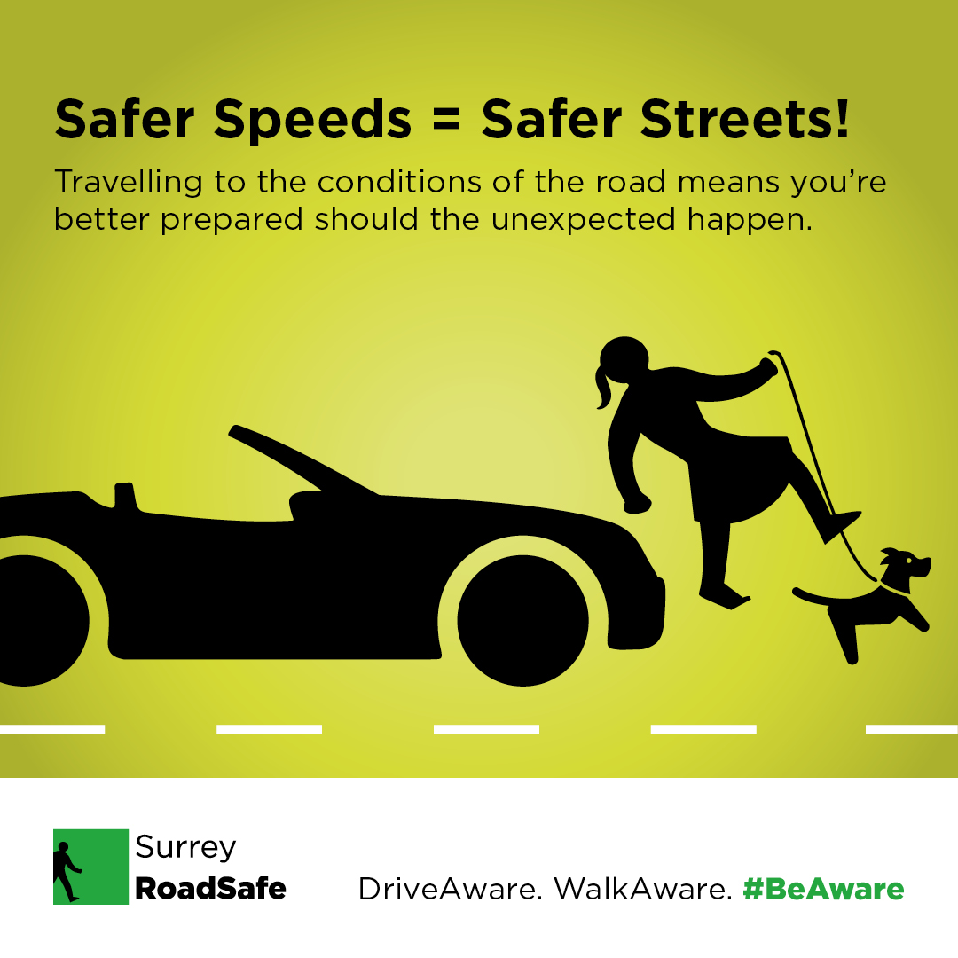 SurreyRS's tweet photo. A speed limit it a limit, not a target, often you will find you need to adjust your speed for the conditions.
By travelling at slower speeds you're in a better position to respond to the unexpected such as other road users.
#ExpectTheUnexpected #DriveAware #WalkAware #BeAware https://t.co/uHq3GzNwHl