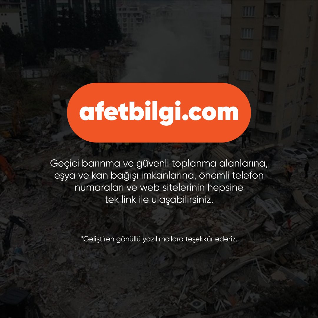 🚨 afetbilgi.com 🚨

Geçici barınma ve güvenli toplanma alanlarına, eşya ve kan bağışı imkanlarına, önemli telefon numaraları ve web sitelerinin hepsine tek link ile ulaşabilirsiniz!