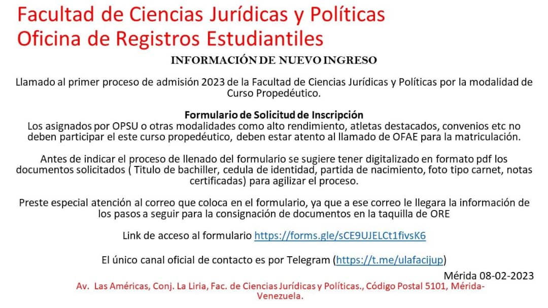 orefacijup's tweet photo. INFORMACIÓN DE NUEVO INGRESO 

Llamado al primer proceso de admisión 2023 de la Facultad de Ciencias Jurídicas y Políticas por la modalidad de Curso Propedéutico.

Formulario de Solicitud de Inscripción 
 https://t.co/4wixjQkVvD https://t.co/1wEsLnFJrl