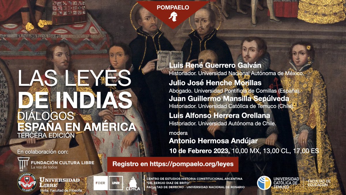 ⏰ Mañana a las 17,00 hora española (13,00 en Chile, 10,00 en México) hablaremos de las #LeyesDeIndias en #DiálogosDeEspañaEnAmérica con cuatro expertos de ambos lados del Atlántico y cuatro perspectivas muy diferentes. El registro ya está abierto en pompaelo.org/leyes