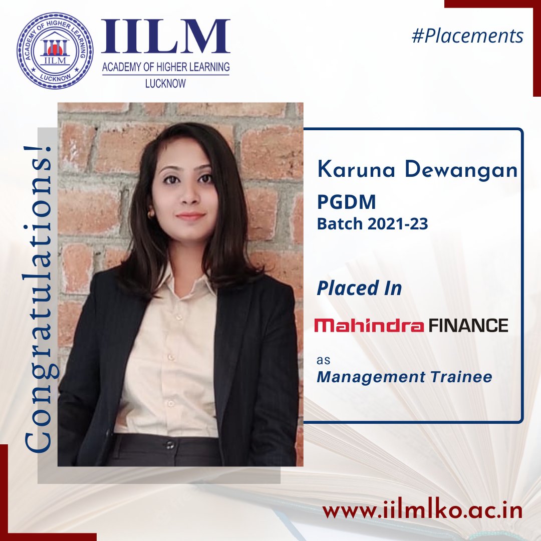 IILM Lucknow congratulates Karuna Dewangan of PGDM Batch 2023 for selection in Mahindra Finance as Management Trainee, through #CampusPlacement.
Our Best Wishes for a bright and successful career ahead.
#MahindraFinance #IILM #iilmlucknow #pgdm #pgdmfinance #bschool