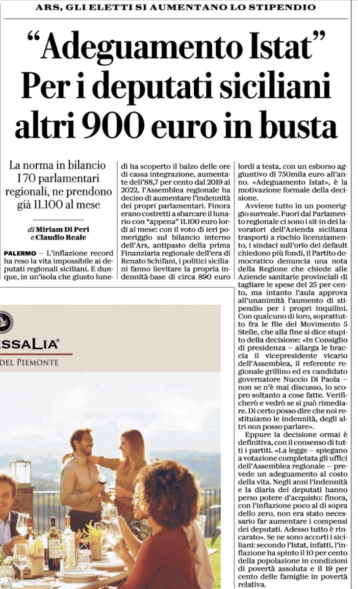 Quando l’espressione “avere la faccia come il cuBo” trova la sua plastica conferma.
Causa crisi e #inflazione, in #Sicilia aumentano:
-Le #famiglie in povertà assoluta e relativa (Ista: +10% e +19%)
-Le ore di #cassaintegrazione (+88.7%)
-Gli #stipendi dei deputati regionali.
Alè