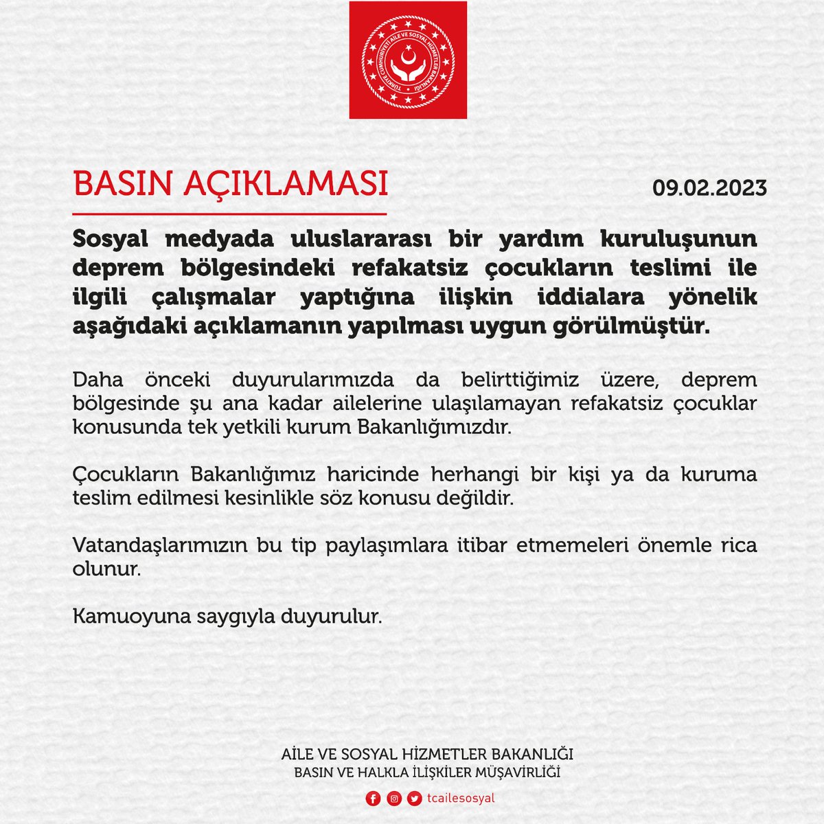 ❗️Uluslararası bir yardım kuruluşunun deprem bölgesindeki refakatsiz çocukların teslimi ile ilgili çalışmalar yaptığına yönelik iddialara ilişkin basın açıklamamız

<a href="/deryayanikashb/">Derya Yanık</a>