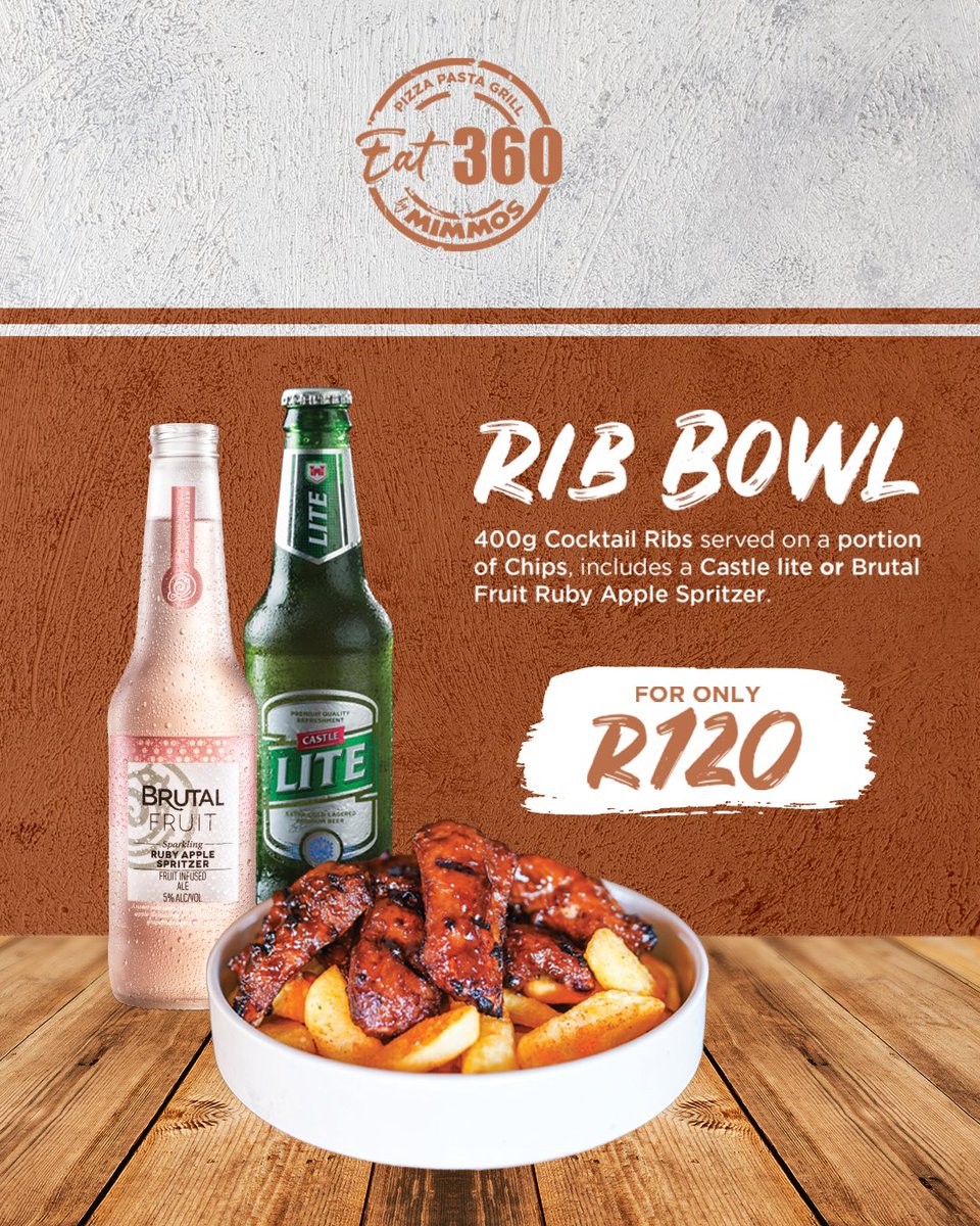 MimmosEatalian's tweet photo. Enjoy our #RibBowl special at #MimmosEatalian 🥩
Get 400g Cocktail Ribs, a portion of chips and a Castle Lite or Brutal Fruit for only R120 🤩

Ts &amp; Cs Apply | Alcohol Not For Persons Under The Age Of 18 https://t.co/4YR3CLBmik