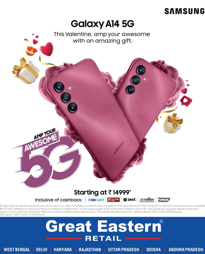 An awesome gift for an awesome someone. This Valentine’s Day, #AmpYourAwesome with the new and heart-stirring #GalaxyA145G, available at a starting price of ₹14,999*.*T&amp;C apply.

Visit our nearest stores OR
Shop online at: greateasternretail.com
 #Samsung #smartphone