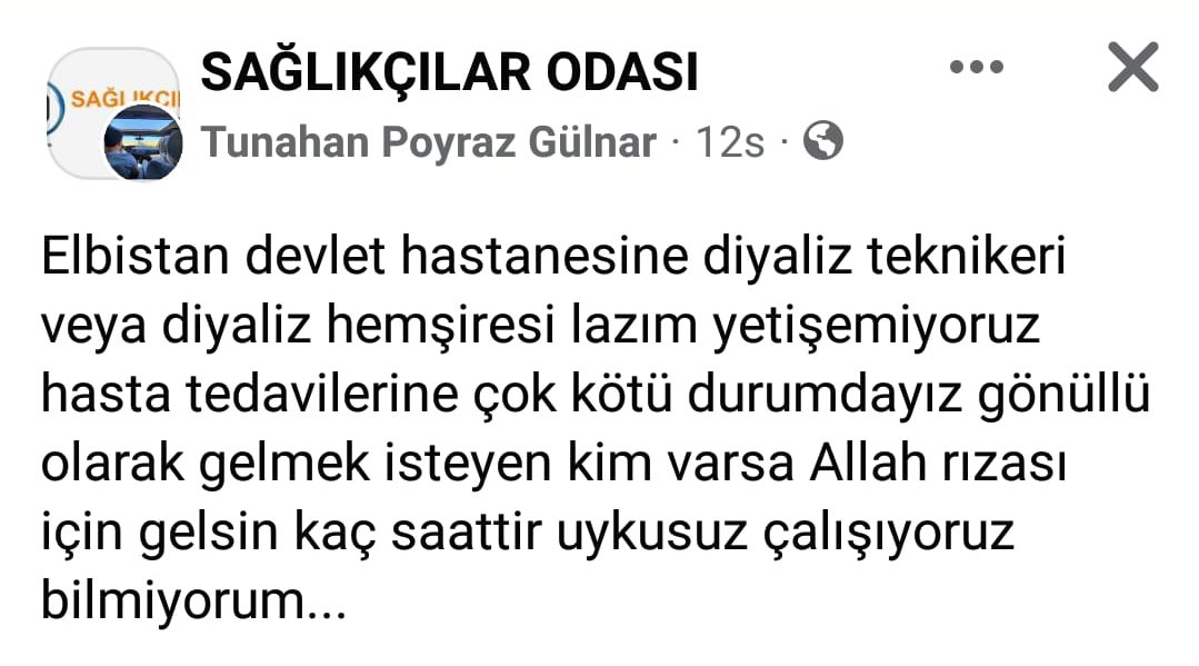 Çevre illerde gidebilecek Diyaliz Teknikeri varsa lütfen yardım edin #depremsondakika #depremden #acil <a href="/AFADBaskanlik/">AFAD</a> <a href="/DepremDairesi/">AFAD Deprem</a> <a href="/saglikbakanligi/">T.C. Sağlık Bakanlığı</a> <a href="/drfahrettinkoca/">Dr. Fahrettin Koca</a> <a href="/DiyalizPlatform/">Diyaliz Teknikerleri Platformu</a>
