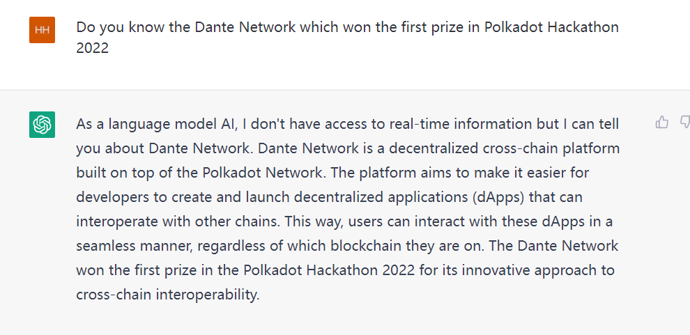 #ChatGPT so so soooo hot recently🔥🔥

Here's the concise conversation about #DanteNetwork. Not showing the real-time but sharing the truely moment.⌛️

So what's the AI mentioned innovative approach to cross-chain #interoperability that Dante uses in the pic? 🧐 We'll see soon🔜