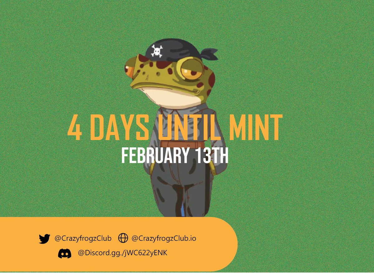 CrazyFrogzClub's tweet photo. Gm Frogz! 🐸
The countdown to Mint date has begun.

4 days left till Mint Date
Get Whitelist now! https://t.co/CnKUYoWnVj
