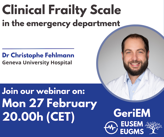 GeriEM webinar with <a href="/ChrisFehlmann/">Christophe Fehlmann, MD</a> on 27 Feb 2023:

Clinical Frailty Scale in the emergency department

us02web.zoom.us/webinar/regist…

<a href="/GeriEMEurope/">Geriatric EM Europe</a> @EuropSocEM <a href="/EuGMSSociety/">EuGMS - European Geriatric Medicine Society</a>
