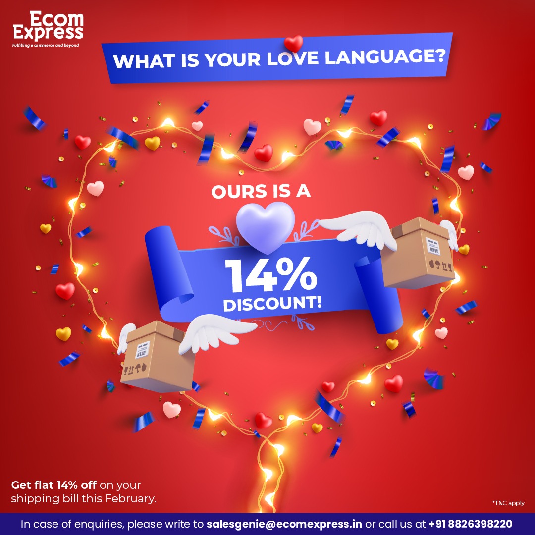 Ecom Express Official (@ecomexpress_ofc) on Twitter photo This Valentine's Day, we are offering a 14% discount on your February shipping bill.
Avail the offer, valid only till 14th February.
To avail, sign up now:- ecomexpress.in/ship-with-us-c…
📧 salesgenie@ecomexpress.in
📞+91 8826398220
#valentinesdayoffer
#vday #onlinebusinesses #d2c This Valentine's Day, we are offering a 14% discount on your February shipping bill.
Avail the offer, valid only till 14th February.
To avail, sign up now:- ecomexpress.in/ship-with-us-c…
📧 salesgenie@ecomexpress.in
📞+91 8826398220
#valentinesdayoffer
#vday #onlinebusinesses #d2c